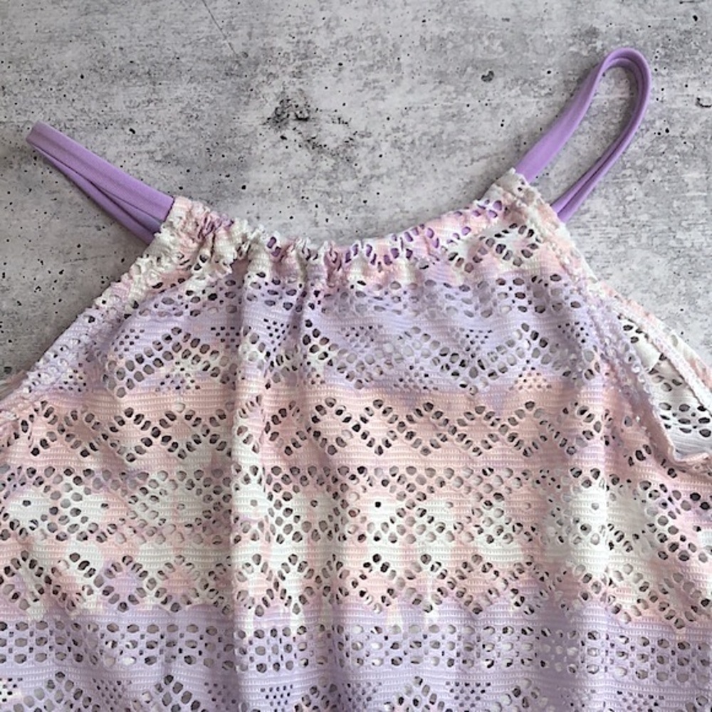 PLACE Tie Dye Lace Sleeveless Romper Swim Coverup Ivory Pastel Pink Purple 5/6 - Picture 3 of 10